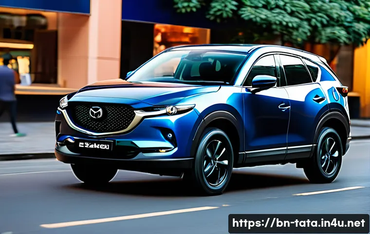 타타 하리아와 마쓰다 CX 5 비교 - ) Photorealistic cinematic face-off: a Tata Harrier (matte charcoal, dark/stealth package) and a Maz...